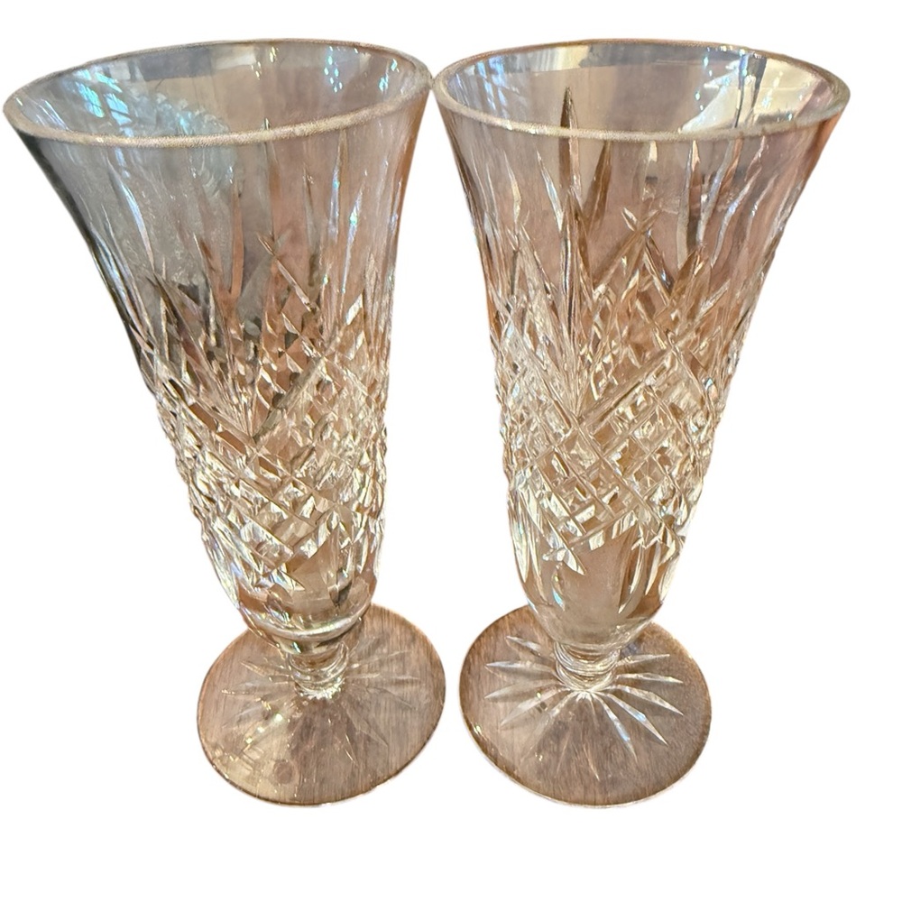 Pair of Waterford Crystal Bud Vases – 7” Flared Trumpet Cut Glass